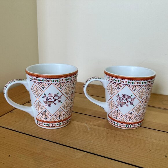 Scandinavian Folk Art Ceramic Mugs Set of 2 Vintage Ethnic Print Design - Picture 4 of 7